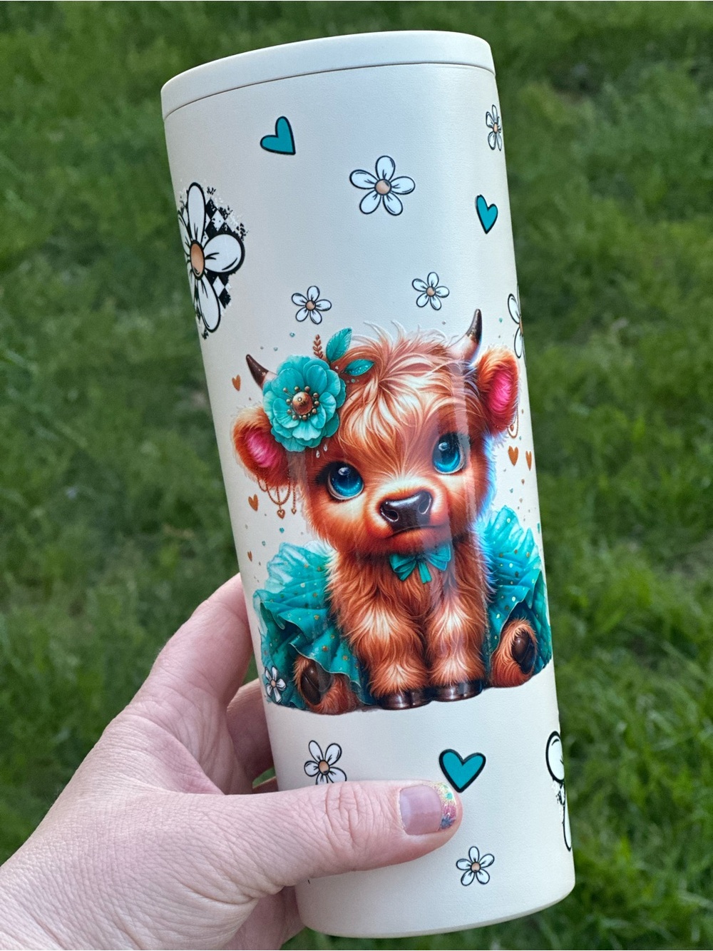 Cute Highland Calf Stainless Tumbler in Teal Accents